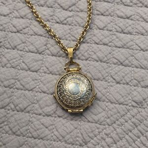 Vintage Gold & Silver Tone Round Photo Locket Pendant Floral Etched Double Frame